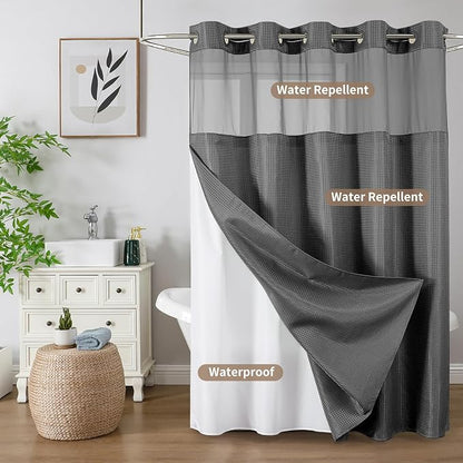Colorful Star Charcoal Grey No Hook Waffle Shower Curtain Set, 72 x 75 Inch | Snap-In Fabric Liner, Mesh Top Window, Heavy-Duty Waffle Fabric, Waterproof Hotel Style Shower Curtain for Bathroom