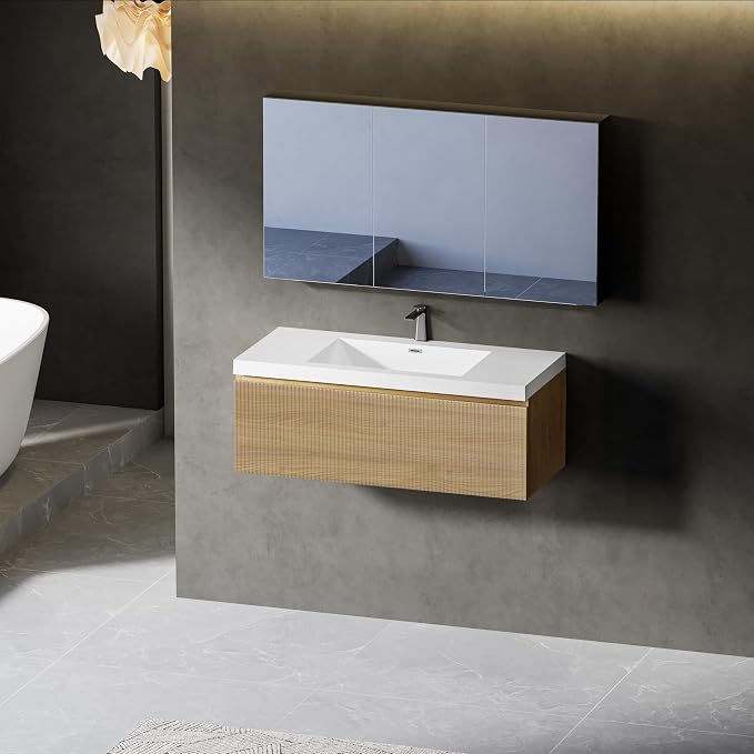 36 Inch Floating Bathroom Vanity with Sink,Natural Oak | Storage Cabinet Wall Mounted Striped Cabinet, Glossy White Solid Surface Basin, Soft Close Drawers, Fully Assembled