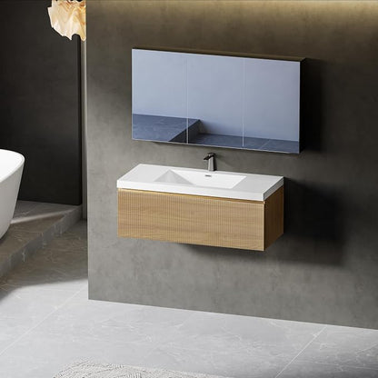 36 Inch Floating Bathroom Vanity with Sink,Natural Oak | Storage Cabinet Wall Mounted Striped Cabinet, Glossy White Solid Surface Basin, Soft Close Drawers, Fully Assembled