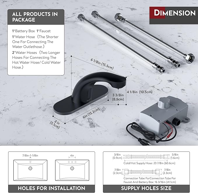 PRIMSOPH Automatic Motion Sensor Hands Free Electronic Infrared Smart Commercial Touchless Bathroom Sink Faucet with Cover Plate Temperature Mixer Battery or Plug-in Powered Matte Black