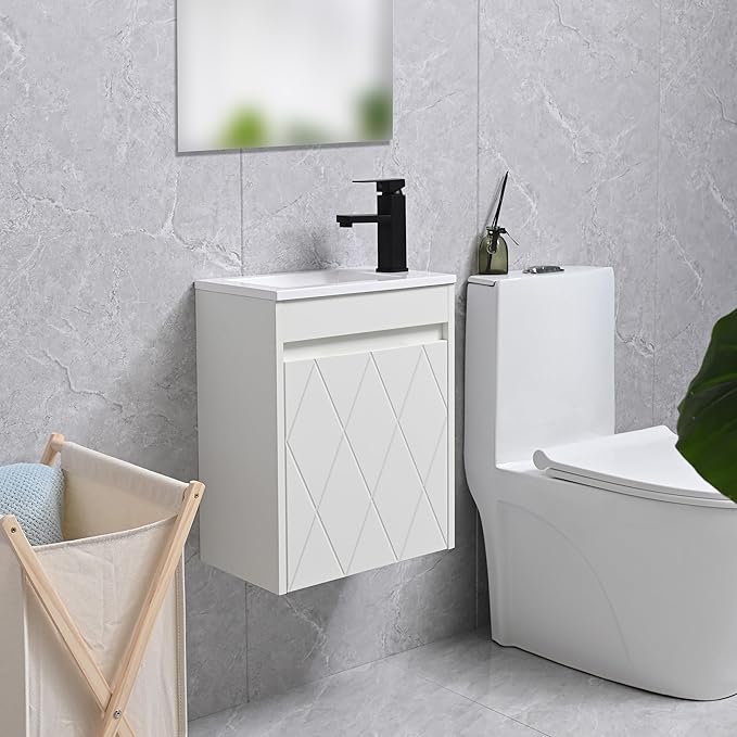 16" Bathroom Vanity Sink Combo for Small Space, Wall Mounted Bathroom Cabinet Set with White Resin Basin Sink Top Black Faucet Pop Up Drain White
