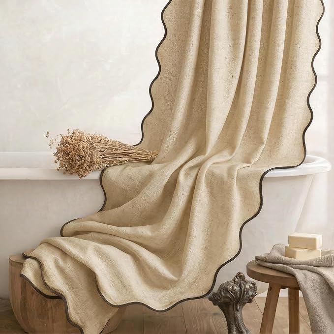 Scalloped Shower Curtain Linen Boho Flax Tan 72" W x 72" L | Linen Fabric, Black Border, Washable, Heavy Duty Cloth, Shower Curtain for Boho Farmhouse Bathroom Bathtub