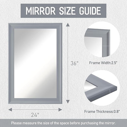 Wood Bathroom Mirror 24x36 Inch, Grey Wooden Rectangle Mirrors with Tempered Glass for Bathroom,Living Room or Entryway
