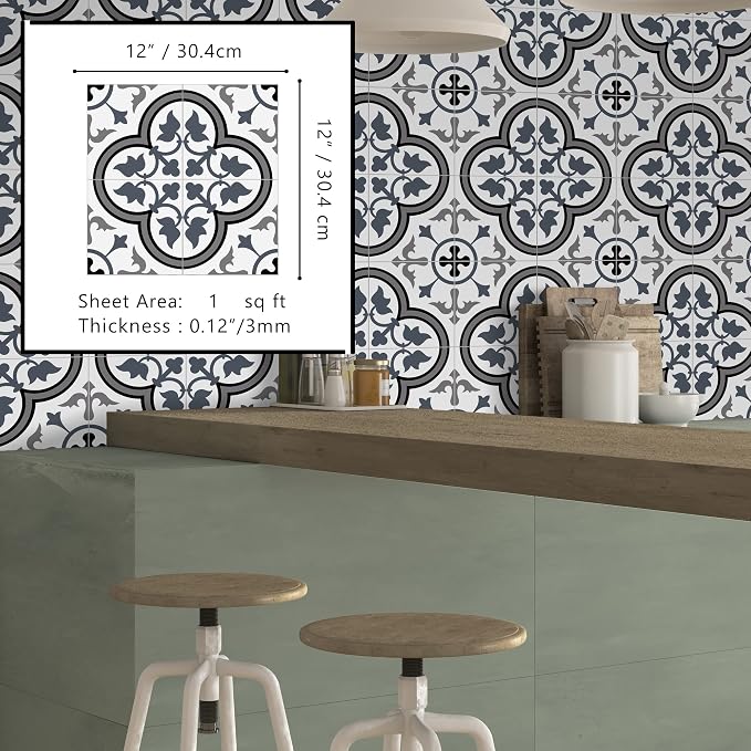 The Tiles Plaza Encaustic Peel and Stick Backsplash, Blue and White Patterned Vintage Stick on Tile, Stone Composite Self-Adhesive Wall Tile Sticker for Kitchen Bathroom Fireplace Stairs, 10 Sheets