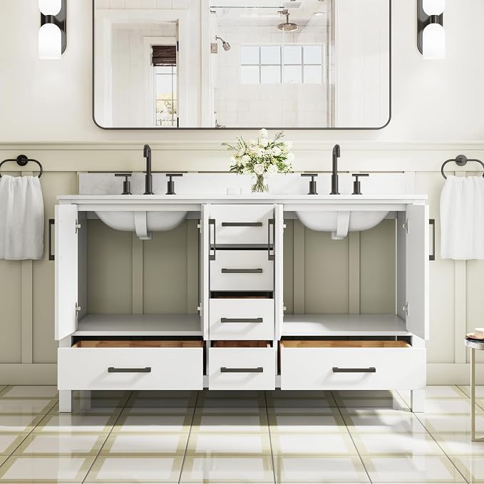 60-Inch Bathroom Vanity with Sink, 4 Soft-Close Doors and 6 Soft-Close Drawers, Bathroom Freestanding Vanity with Cultured Marble Countertop, White Vanity with Matte Black Handles