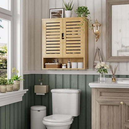 SMIBUY Bathroom Cabinet Wall Mounted, Bamboo Over-The-Toilet Storage Organizer, Space Saver Medicine Cabinet with 2 Door and Adjustable Shelves (Natural)