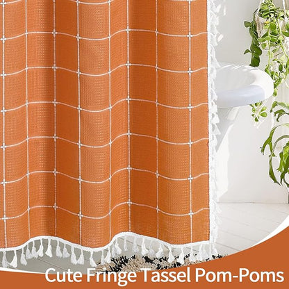 Orange Boho Farmhouse Shower Curtain for Bathroom 72x72 | 320 GSM French Country Plaid Tassel Shower Curtain, Rustic Aesthetic Bathroom Decor Windows Curtain