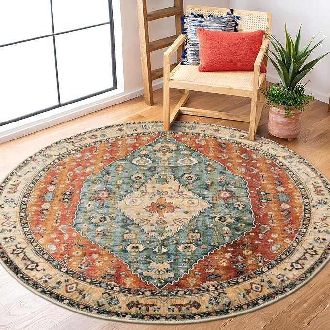 Lahome Felice Boho Tribal Round Rugs 5ft Washable Kitchen Round Area Rug, Non Slip Bedroom Living Room Circle Circular Rug, Oriental Low Pile Entryway Carpet for Bathroom (Rust/Dull Teal,5ft-Round)