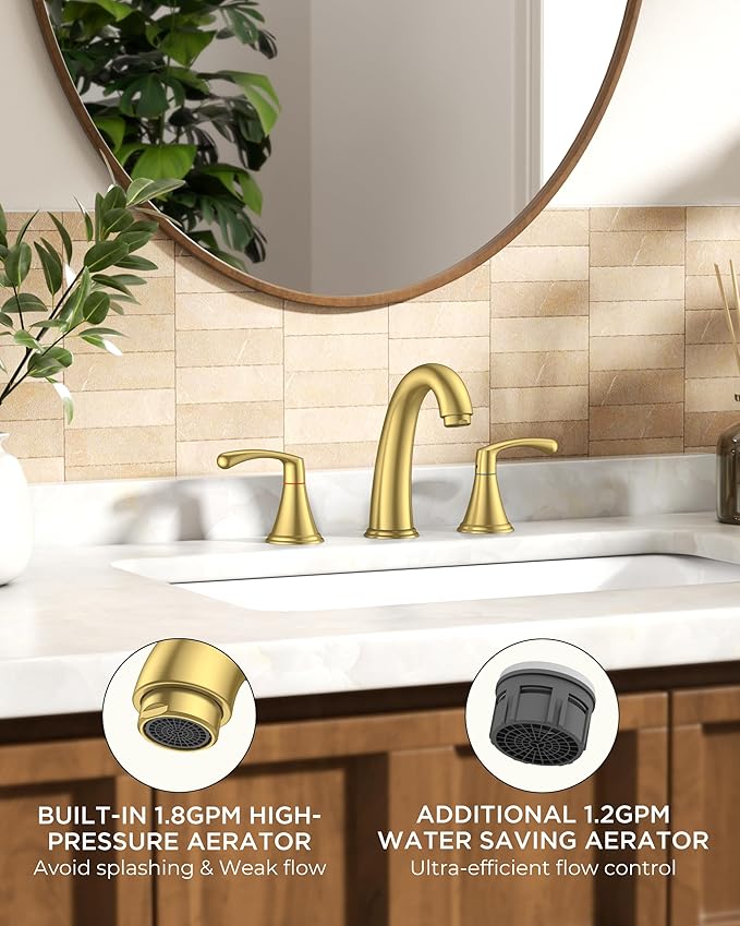 FORIOUS Gold Bathroom Faucet 3 Hole, Widespread Bathroom Sink Faucet 8 Inch with Pop Up Drain and CUPC Supply Hose, 2 Handle for Vanity Rv Commercial Lavatory Restroom