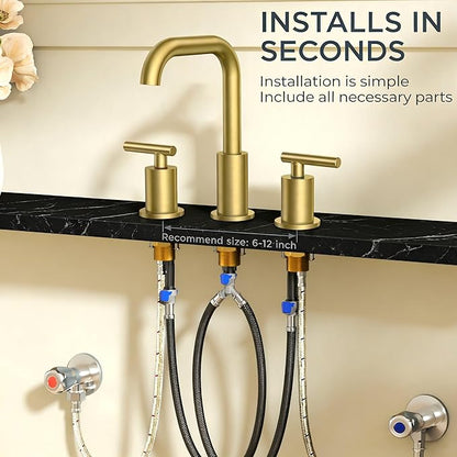 FORIOUS Bathroom Faucet 3 Hole Brushed Gold, 2 Handles 8 Inch Widespread Bathroom Sink Faucets, 360° Swivel Spout, with Pop Up Drain and Hoses, for Vanity Restroom RV Lavatory