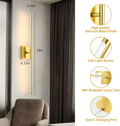 Morauroral Painted Gold Battery Operated Wall Sconce with Remote Control, Rechargeable Wall Sconces Set of 2, LED Wireless Wall Light, Modern Sconce Wall Decor for Bedroom, Living Room