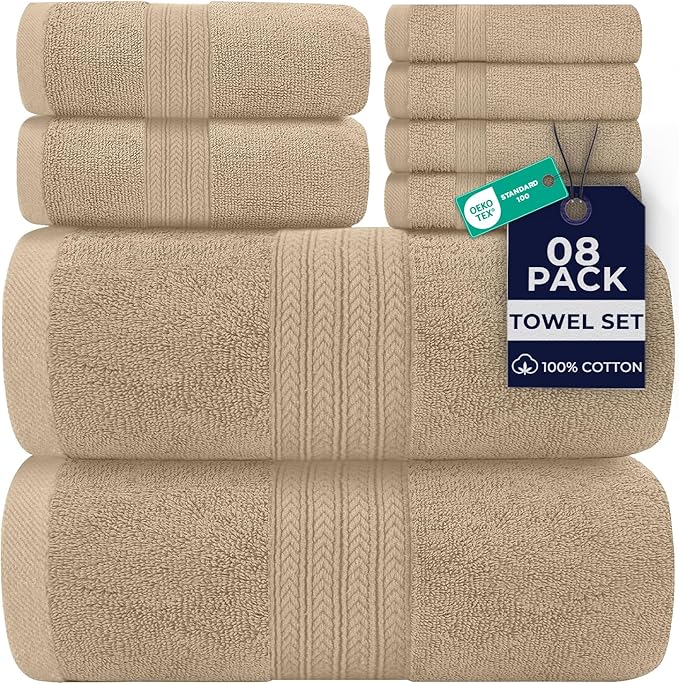 DAN RIVER 8 Piece Luxury Bath Towels for Bathroom, Towel Set, Tan | 2 Bath towels, 2 Hand towels, and 4 Wash Cloths, 600 GSM 100% Ring Spun Cotton, Highly Absorbent, Gym, Hotel, guest, and Spa