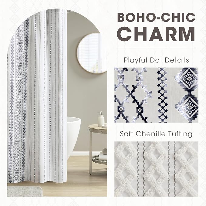 INK+IVY Tufted Chenille 100% Cotton Shower Curtains Machine Washable, Modern Home Bathroom Décor Bathtub Privacy Screen, 72" W x 72" L, White/Navy (Pack of 4)