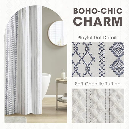 INK+IVY Tufted Chenille 100% Cotton Shower Curtains Machine Washable, Modern Home Bathroom Décor Bathtub Privacy Screen, 72" W x 72" L, White/Navy (Pack of 4)