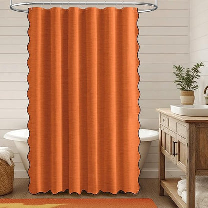 BTTN 78 Inch Shower Curtain, Long Scalloped Linen Textured Thick Cloth Shower Curtain Set with 12 Hooks, Large Rustic Farmhouse Waterproof Fabric Shower Curtains for Bathroom, 72x78, Burnt Orange