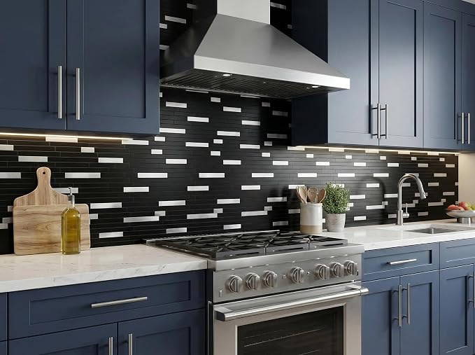 Yipscazo 1 Sheet Peel and Stick Stone Metal Tile Backsplash, Stick on Tiles for Backsplash Kitchen, Bathroom, Laundry Room, Camper, Fireplace (12'' X 12'', Polished Pure Black)