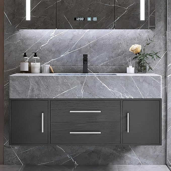 Bathroom Vanity with Sink 39.5" Floating Bathroom Vanity Sintered Stone Modern Bathroom Vanity Set, Black (Wall Mounted, Silver Handle)