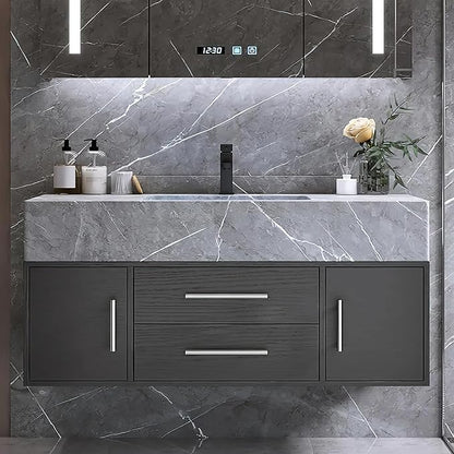 Bathroom Vanity with Sink 39.5" Floating Bathroom Vanity Sintered Stone Modern Bathroom Vanity Set, Black (Wall Mounted, Silver Handle)
