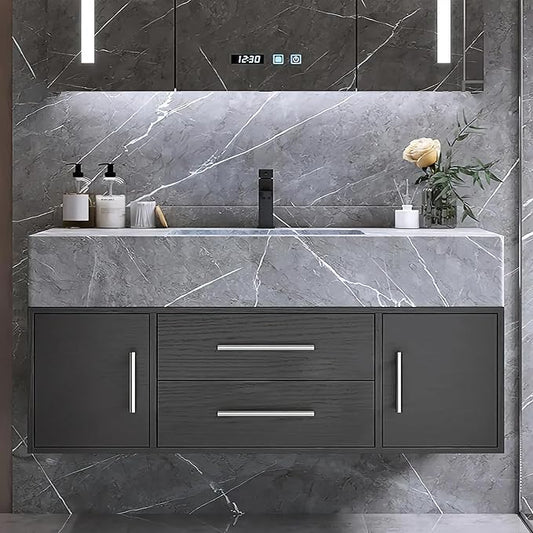 Bathroom Vanity with Sink 39.5" Floating Bathroom Vanity Sintered Stone Modern Bathroom Vanity Set, Black (Wall Mounted, Silver Handle)