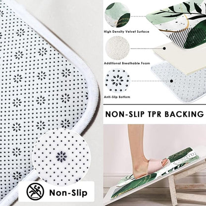 Bathroom Sets with Shower Curtain and Rugs, 4 Pcs, Boho Sage Green | Abstract Mid Century Plant Bathroom Decor Set with Toilet Lid Cover, Non-Slip Bath Mats and Accessories 12 Hooks