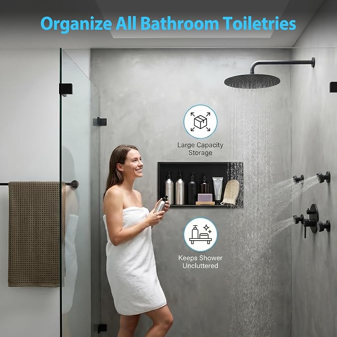 304 Stainless Steel Shower Niche 24" x 12" for Bathroom Storage | Waterproof Matte Black Recessed Shower Niche No Tile Needed