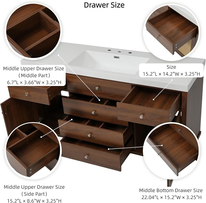 60 Inch Brown Bathroom Vanity with Single Sink,Large Rattan Bathroom Vanity with Spacious Countertop & Deep SMC Sink,with 5 Drawers & 2 Soft Closing Doors,Silver Knobs,Woven Front,8 in Faucet Hole