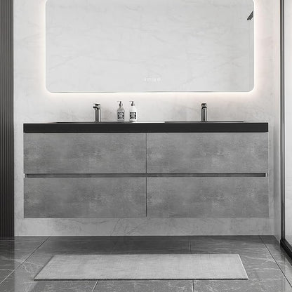 60 Inch Floating Bathroom Vanity with Double Sink, Modern Grey Wall Mounted Floating Vanity with Scratch-Resistant Quartz Sand Basin and 4 Soft Closing Drawers, Pre Assembled Bathroom Vanity