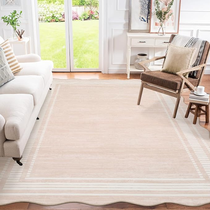 Garvee Scalloped 8x10 Rugs Washable Area Rugs for Living Room Natural Ivory | Rugs for Living Room, Non-Slip Soft Carpet for Bedroom, Scalloped Low-Pile Solid Rug Accent Rug for Dining Room Home Office