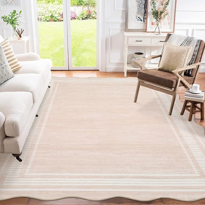 GarveeHome Washable Rugs 5x7 Scalloped Rug for Bedroom,Stain Resistant 5x7 Area Rugs for Living Room, Non Slip Low Pile Solid Rug, Folable Machine Washable Carpet for Dining Room Dorm Office,Beige