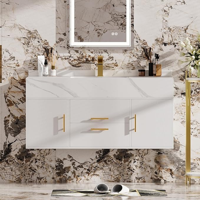 homary 39.4" Modern Floating Bathroom Vanity with Sink, Wall-Mounted Bathroom Vanity with Sintered Stone Countertop and 2 Drawers 2 Storage Cabinets, Undercounter Ceramic Sink Cabinet, White