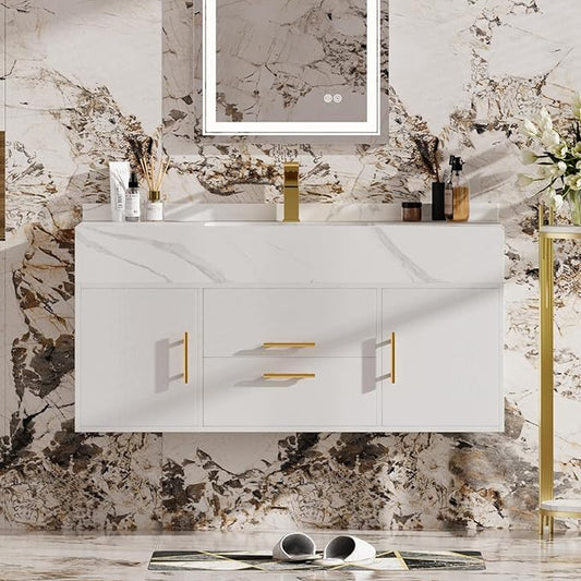 homary 39.4" Modern Floating Bathroom Vanity with Sink, Wall-Mounted Bathroom Vanity with Sintered Stone Countertop and 2 Drawers 2 Storage Cabinets, Undercounter Ceramic Sink Cabinet, White