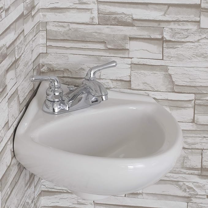 White Ceramic Wall Hung Corner Sink, Wall Mounted Bathroom Sink with Concealed Round Overflow, 16.5" x 15" Modern Style Small Sink with Single Faucet Hole