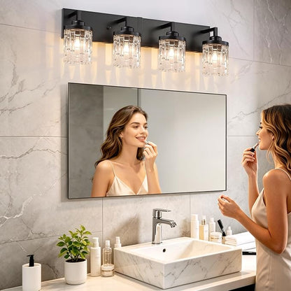 maesta Black Bathroom Light Fixture,4 Light Modern Vanity Light Over Mirror | Modern Vanity Light, Black Metal & Crystal Glass Fixture, Anti-Rust, Easy to Install for Bathroom Hallway Bedroom Entryway