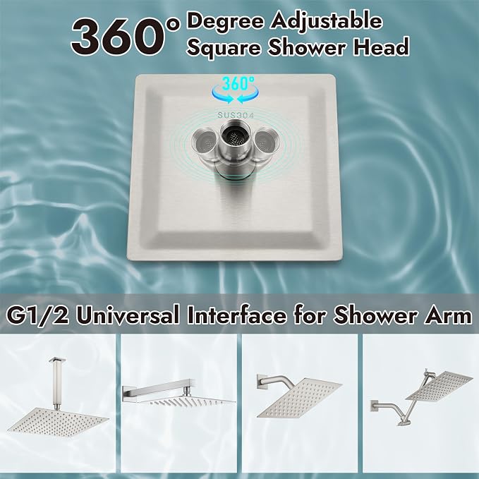 Midanya Square Rain Shower Head,High Pressure,Brushed Nickel 6 Inch | 360°Swivel,Ceiling or Wall Mount,Waterfall Full Body Coverage,Bathroom Remodel,Stainless Steel Large Rainfall Shower Head