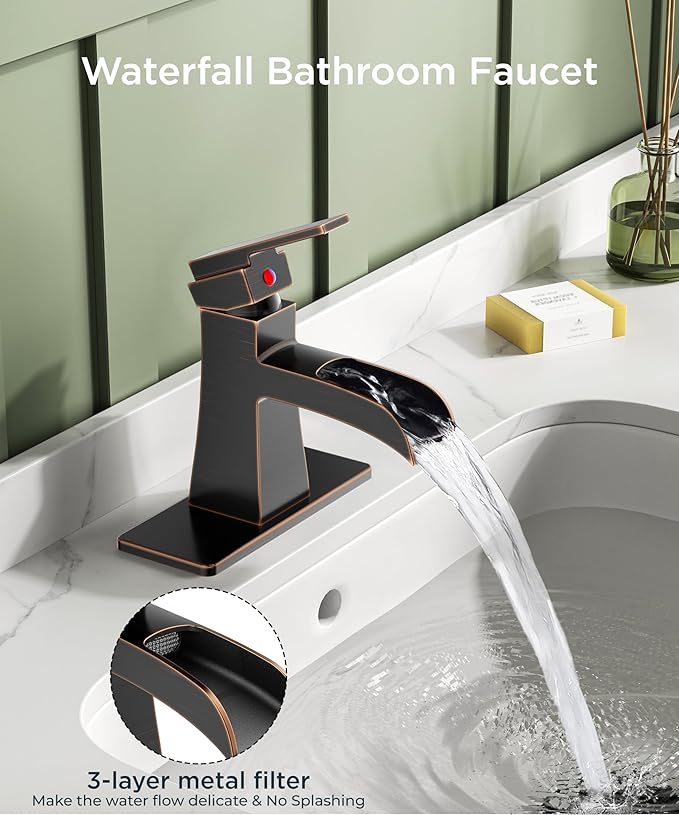 FORIOUS Waterfall Bathroom Sink Faucets 1 or 3 Holes Oil Rubbed Bronze, Single Handle Faucet for Bathroom Sink Vanity Restroom Farmhouse