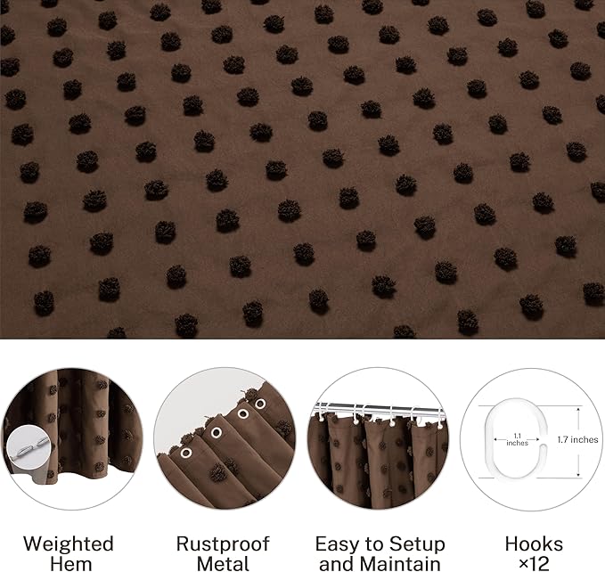 Brown Boho Farmhouse Shower Curtain Woven Fabric Shower Curtain, 72 x 72 Pleat Floral Puffs Tufted Textured Modern Farmhouse Minimalist Shower Curtain Set for Bathroom