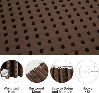 Brown Boho Farmhouse Shower Curtain Woven Fabric Shower Curtain, 72 x 72 Pleat Floral Puffs Tufted Textured Modern Farmhouse Minimalist Shower Curtain Set for Bathroom