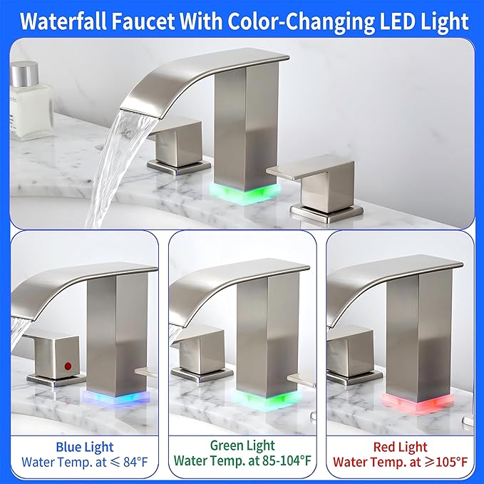 Bathroom faucets 3 Hole Brushed Nickel Vanity Faucet with led Waterfall Bathroom Faucet 3 Hole Sink Faucet Bathroom 8 inch Widespread Modern Parts Touch on 2 Handle(Brushed Nickel)