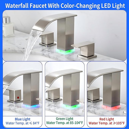 Bathroom faucets 3 Hole Brushed Nickel Vanity Faucet with led Waterfall Bathroom Faucet 3 Hole Sink Faucet Bathroom 8 inch Widespread Modern Parts Touch on 2 Handle(Brushed Nickel)