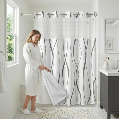 Americanflat 72x75 Hookless Shower Curtain - Water-Resistant Soft Waves Shower Curtain with Sheer Panel, Snap-in Liner, and Durable Grommets - 100% Polyester - Black and White