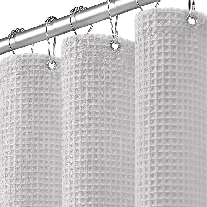 Extra Long Waffle Shower Curtain Heavyweight Cotton Fabric Light Grey 72Wx90L