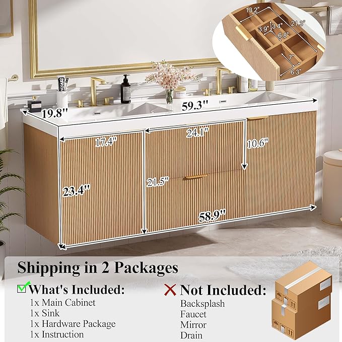 60" Bathroom Vanity with Sink Combo, Floating Double Sink Bathroom Vanity with SMC Resin Top, MDF Cabinet with Solid Wood Frame, Wall-Mounted Bath Room Vanities for Large Bathrooms, Wood