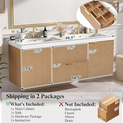 60" Bathroom Vanity with Sink Combo, Floating Double Sink Bathroom Vanity with SMC Resin Top, MDF Cabinet with Solid Wood Frame, Wall-Mounted Bath Room Vanities for Large Bathrooms, Wood
