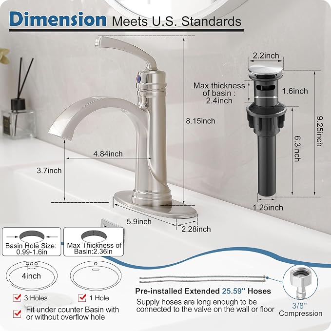 Brass Waterfall Bathroom Faucets Brushed Nickel Single Handle Bathroom Faucet 3 Hole or 1 Hole, 4 Inch Bathroom Sink Faucet, Bathroom Vanity Faucet with Drain Deck Plate No Peeling Paint