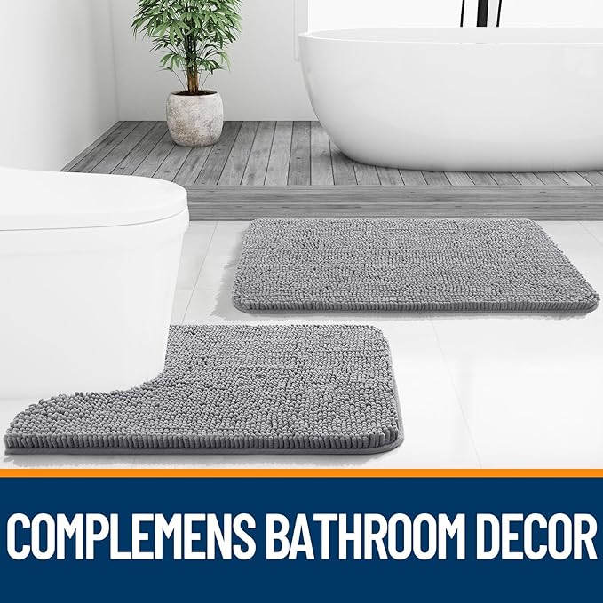 OLANLY Toilet Rugs U-Shaped 24x20, Soft Absorbent Chenille Contour Rugs | Grey, Quick-Drying Rubber Backing, Machine Washable Non-Slip Shaggy Bathroom Mat for Toilet, Home Decor Accessories