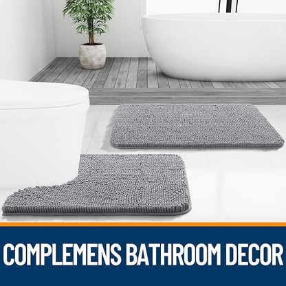 OLANLY Toilet Rugs U-Shaped 24x20, Soft Absorbent Chenille Contour Rugs | Grey, Quick-Drying Rubber Backing, Machine Washable Non-Slip Shaggy Bathroom Mat for Toilet, Home Decor Accessories