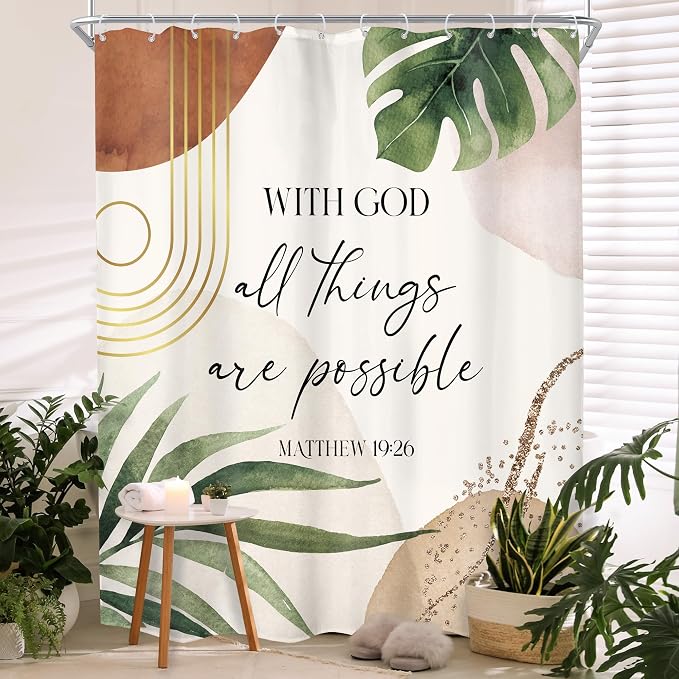 Glawry Boho Bible Verse Shower Curtain Extra Long Bathroom Curtain Set | Inspirational Abstract Scriptures Quotes Palm Leaf Mid Century 72Wx78L Bathroom Decor Waterproof Fabric with Free Hooks