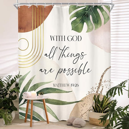 Glawry Boho Bible Verse Shower Curtain Extra Long Bathroom Curtain Set | Inspirational Abstract Scriptures Quotes Palm Leaf Mid Century 72Wx78L Bathroom Decor Waterproof Fabric with Free Hooks