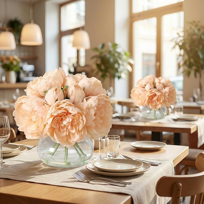 Artificial Peonies Flowers with Vase, Mixed Champagne Silk Peony Bouquet with Faux Water in Glass Vase, Lifelike Fake Peonies Floral Arrangement for Table Centerpiece, Wedding, Party, Home Decor