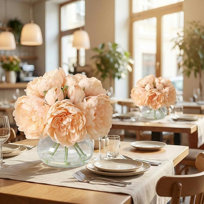 Artificial Peonies Flowers with Vase, Mixed Champagne Silk Peony Bouquet with Faux Water in Glass Vase, Lifelike Fake Peonies Floral Arrangement for Table Centerpiece, Wedding, Party, Home Decor